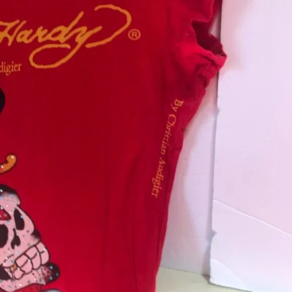 Ed Hardy Vintage Y2K Scull Tattoo Graphic Top T Shirt Fitted Logo Cotton Red L - Picture 8 of 16